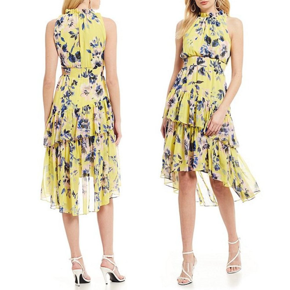 NEW Eliza J Floral Asymmetric Tiered Dress Plus 18 Citrus Yellow Halter